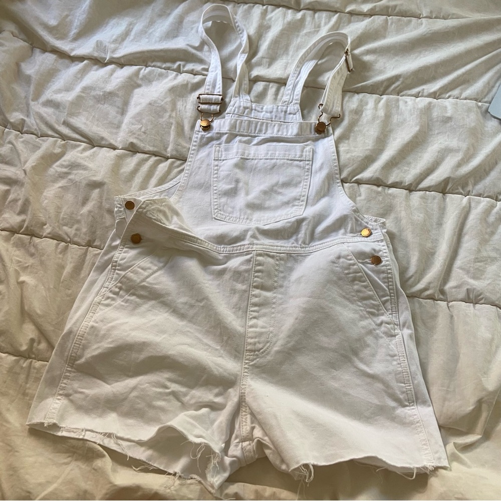white denim gold button overalls